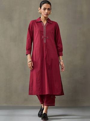 contemporary formal women regular thread work cotton kurta with trousers 6