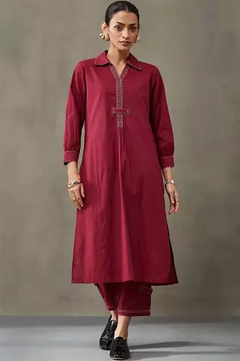contemporary formal women regular thread work cotton kurta with trousers