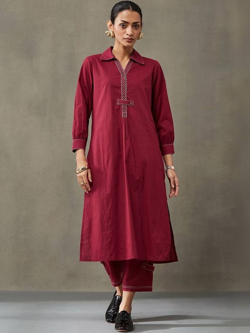 contemporary formal women regular thread work cotton kurta with trousers