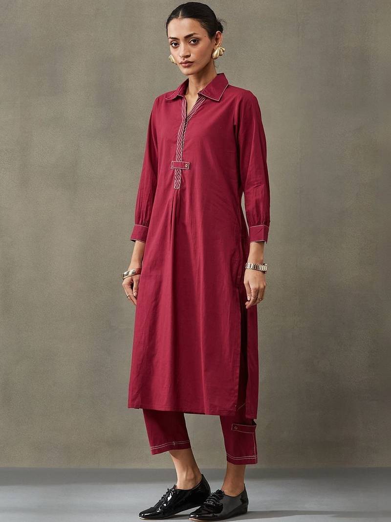 contemporary formal women regular thread work cotton kurta with trousers