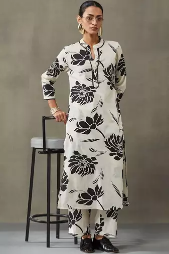 contemporary women floral printed regular gotta patti cotton kurta with trousers