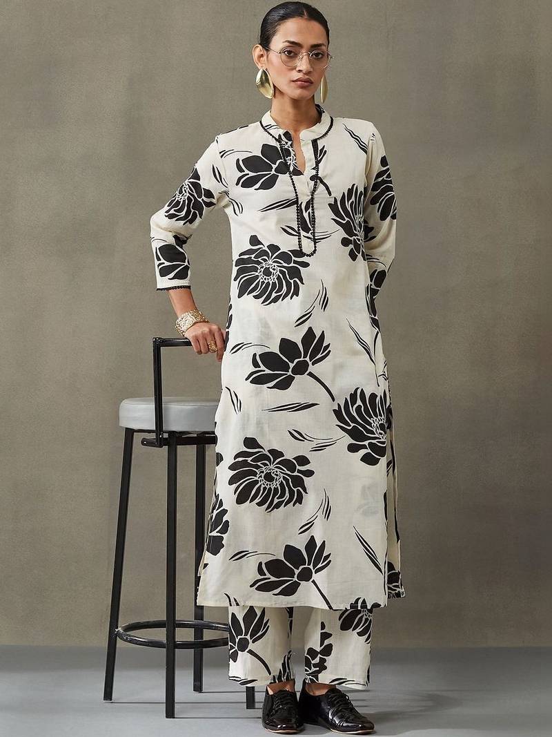 contemporary women floral printed regular gotta patti cotton kurta with trousers