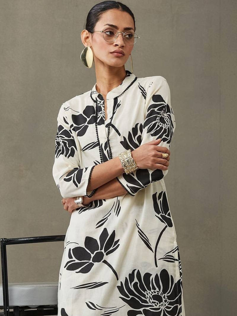 contemporary women floral printed regular gotta patti cotton kurta with trousers