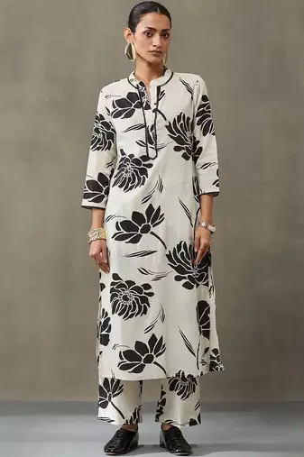 contemporary women floral printed regular gotta patti cotton kurta with trousers