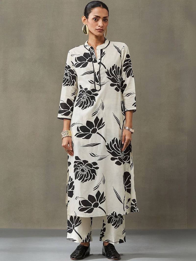 contemporary women floral printed regular gotta patti cotton kurta with trousers