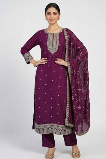 smart women ethnic motifs embroidered regular kurta with trousers & with dupatta