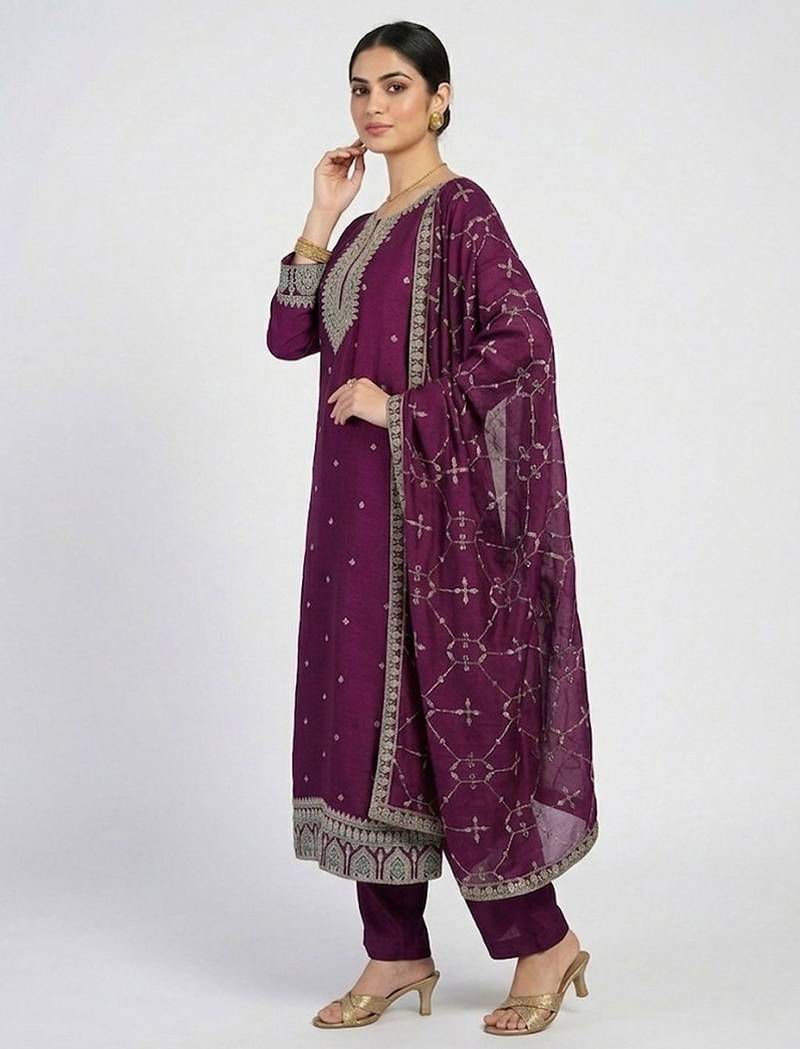 smart women ethnic motifs embroidered regular kurta with trousers & with dupatta