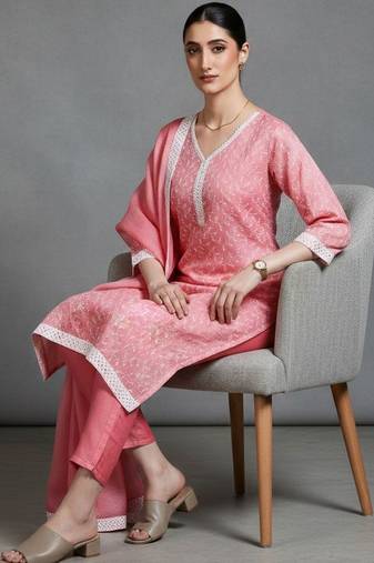 everyday women ethnic motifs printed regular kurta with trousers & with dupatta