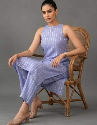 smart women striped regular cotton kurta with trousers 1