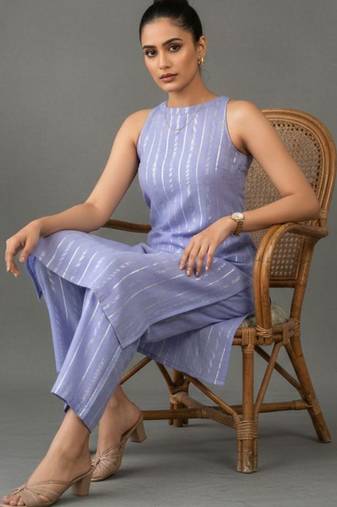 smart women striped regular cotton kurta with trousers