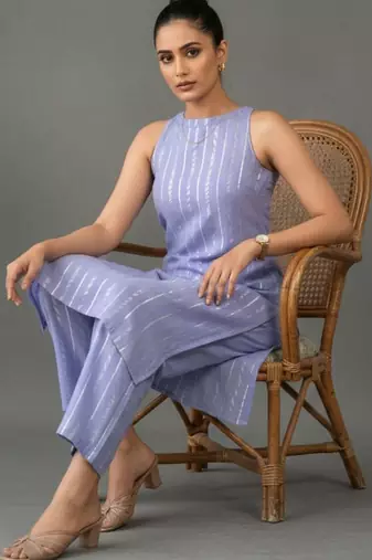smart women striped regular cotton kurta with trousers