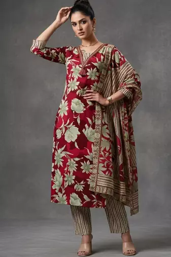 structured women floral printed regular kurta with trousers & with dupatta