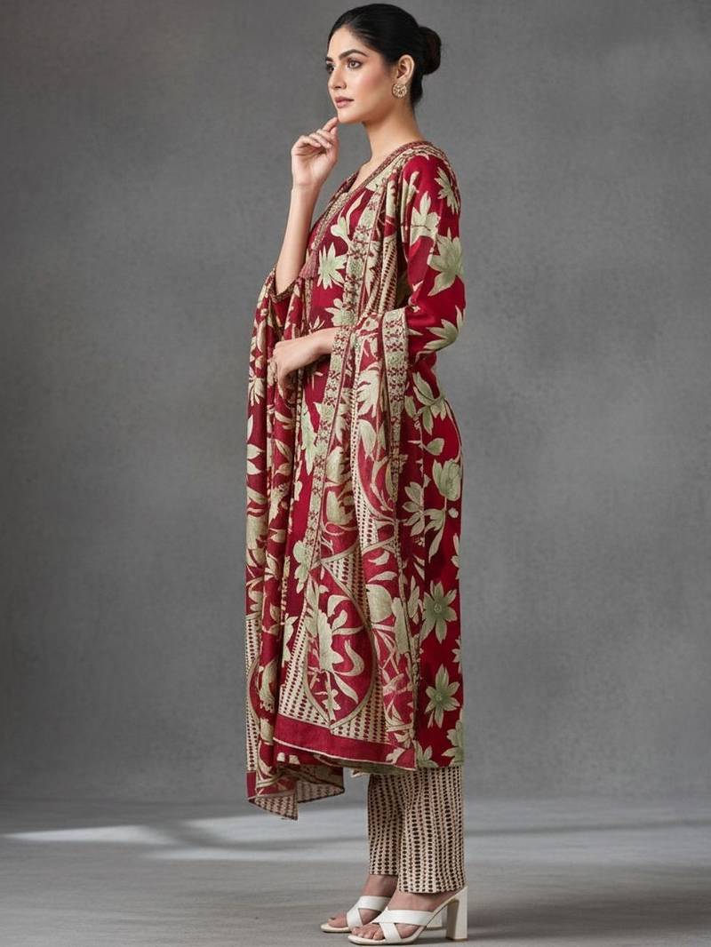 structured women floral printed regular kurta with trousers & with dupatta