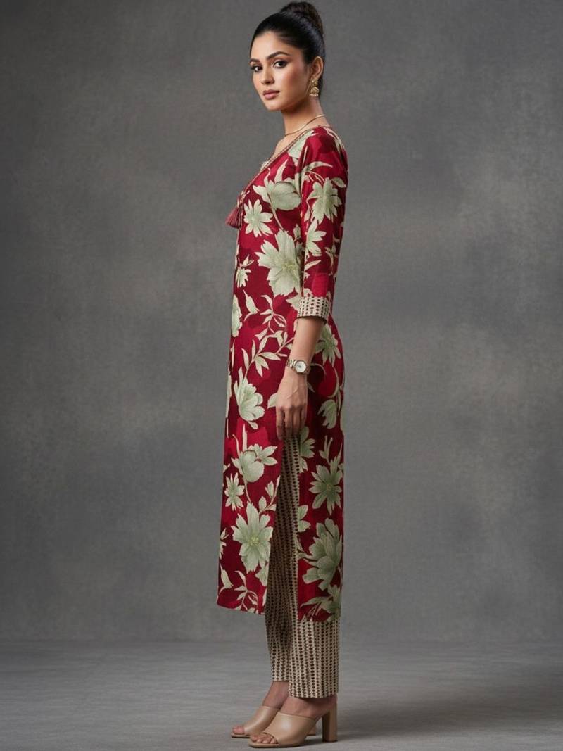 structured women floral printed regular kurta with trousers & with dupatta