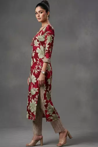 structured women floral printed regular kurta with trousers & with dupatta