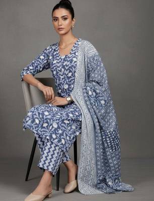 contemporary women floral printed regular cotton kurta with trousers & with dupatta 1