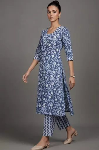 contemporary women floral printed regular cotton kurta with trousers & with dupatta