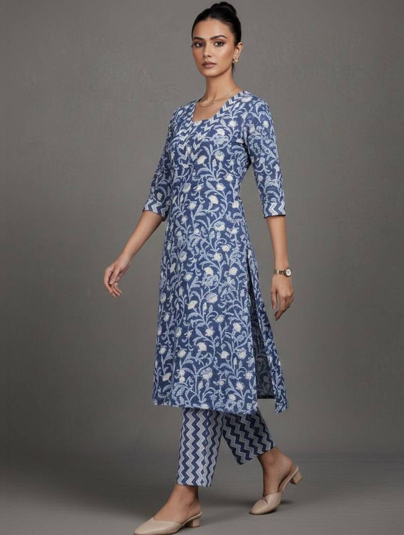 contemporary women floral printed regular cotton kurta with trousers & with dupatta
