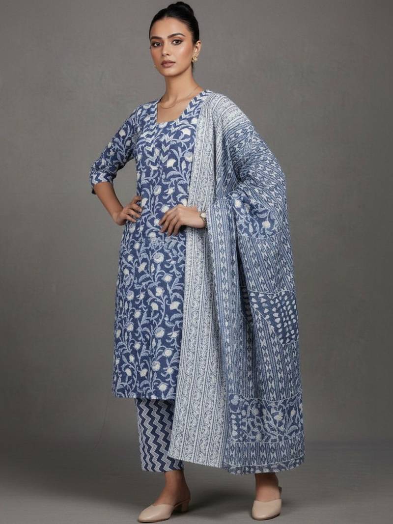 contemporary women floral printed regular cotton kurta with trousers & with dupatta