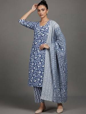 contemporary women floral printed regular cotton kurta with trousers & with dupatta 7