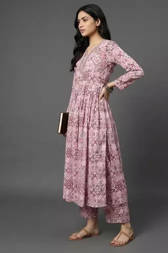  cotton printed ethnic motifs empire silk georgette kurta with trousers