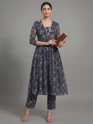 everyday workwear women floral printed empire silk georgette kurta with trousers 1