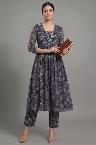 everyday workwear women floral printed empire silk georgette kurta with trousers