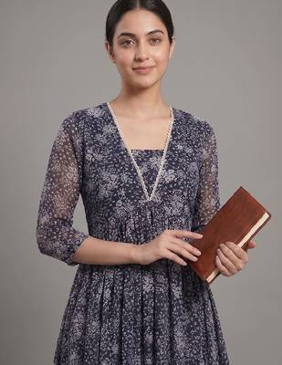 everyday workwear women floral printed empire silk georgette kurta with trousers 2
