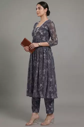 everyday workwear women floral printed empire silk georgette kurta with trousers
