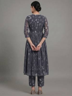 everyday workwear women floral printed empire silk georgette kurta with trousers 4