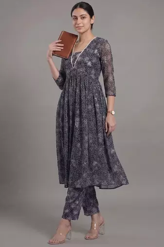 everyday workwear women floral printed empire silk georgette kurta with trousers