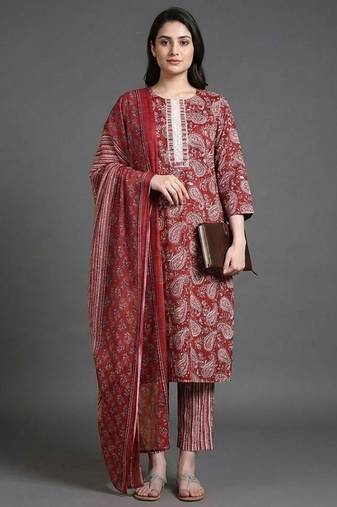 relaxed-silhouette paisley printed cotton kurta with trousers & with dupatta