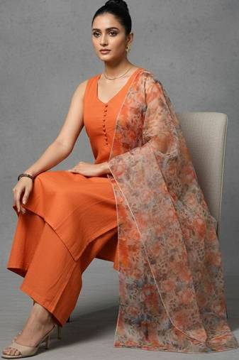 women floral regular cotton workwear kurta with trousers & with dupatta