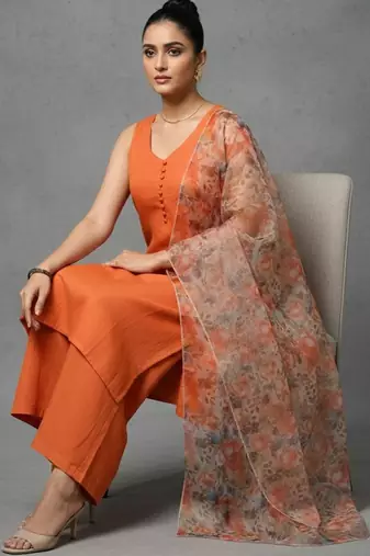 women floral regular cotton workwear kurta with trousers & with dupatta