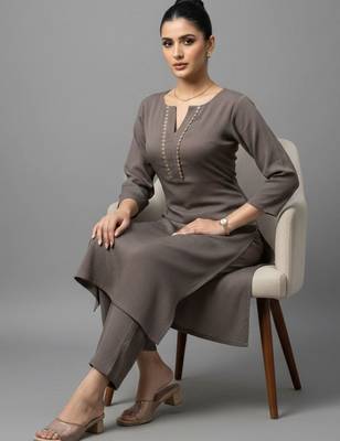 women regular thread work silk crepe workwear kurta with trousers 2