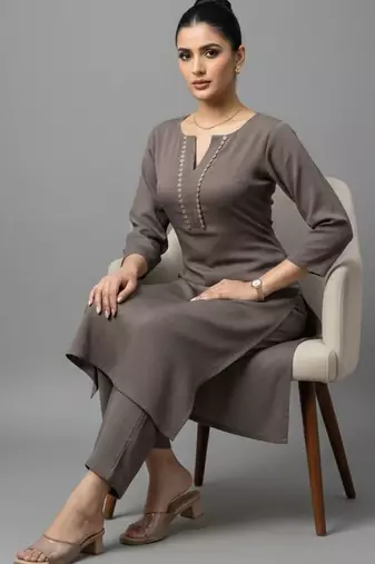 women regular thread work silk crepe workwear kurta with trousers