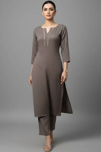women regular thread work silk crepe workwear kurta with trousers