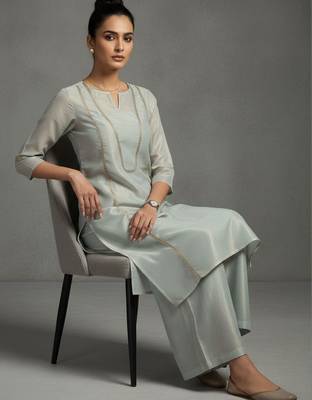 women ethnic motifs embroidered regular thread work workwear kurta with palazzos 1