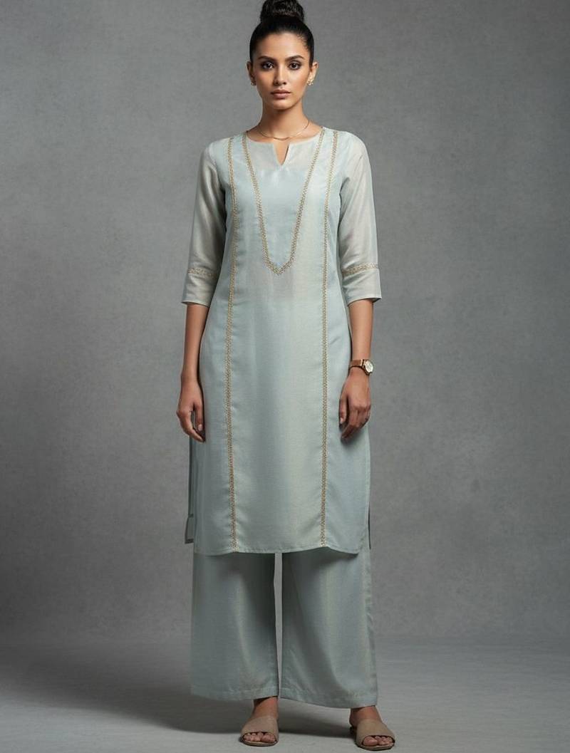 women ethnic motifs embroidered regular thread work workwear kurta with palazzos