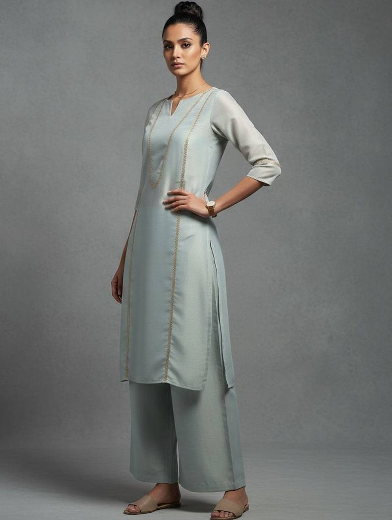 women ethnic motifs embroidered regular thread work workwear kurta with palazzos