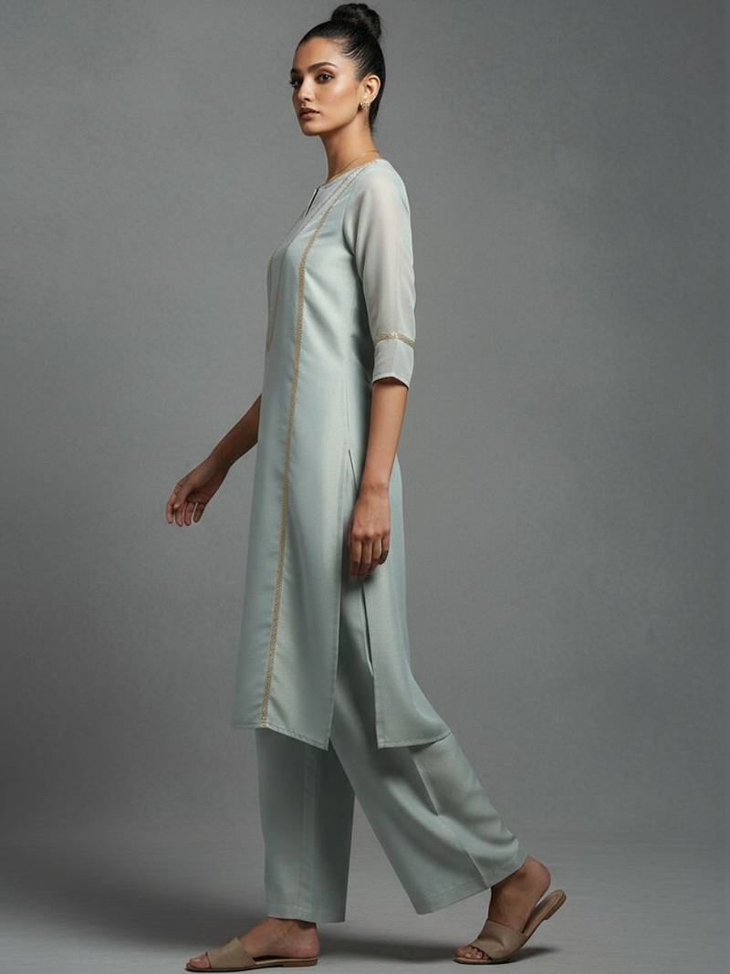 women ethnic motifs embroidered regular thread work workwear kurta with palazzos