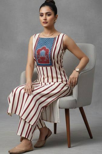 women striped regular sequinned workwear kurta with trousers