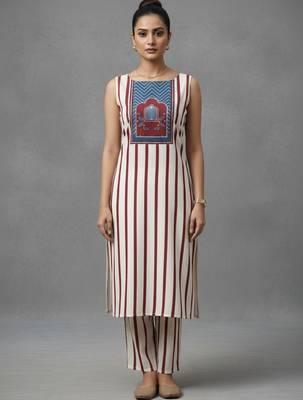 women striped regular sequinned workwear kurta with trousers 2