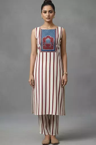 women striped regular sequinned workwear kurta with trousers