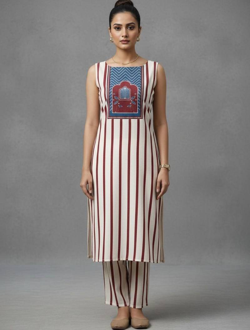women striped regular sequinned workwear kurta with trousers