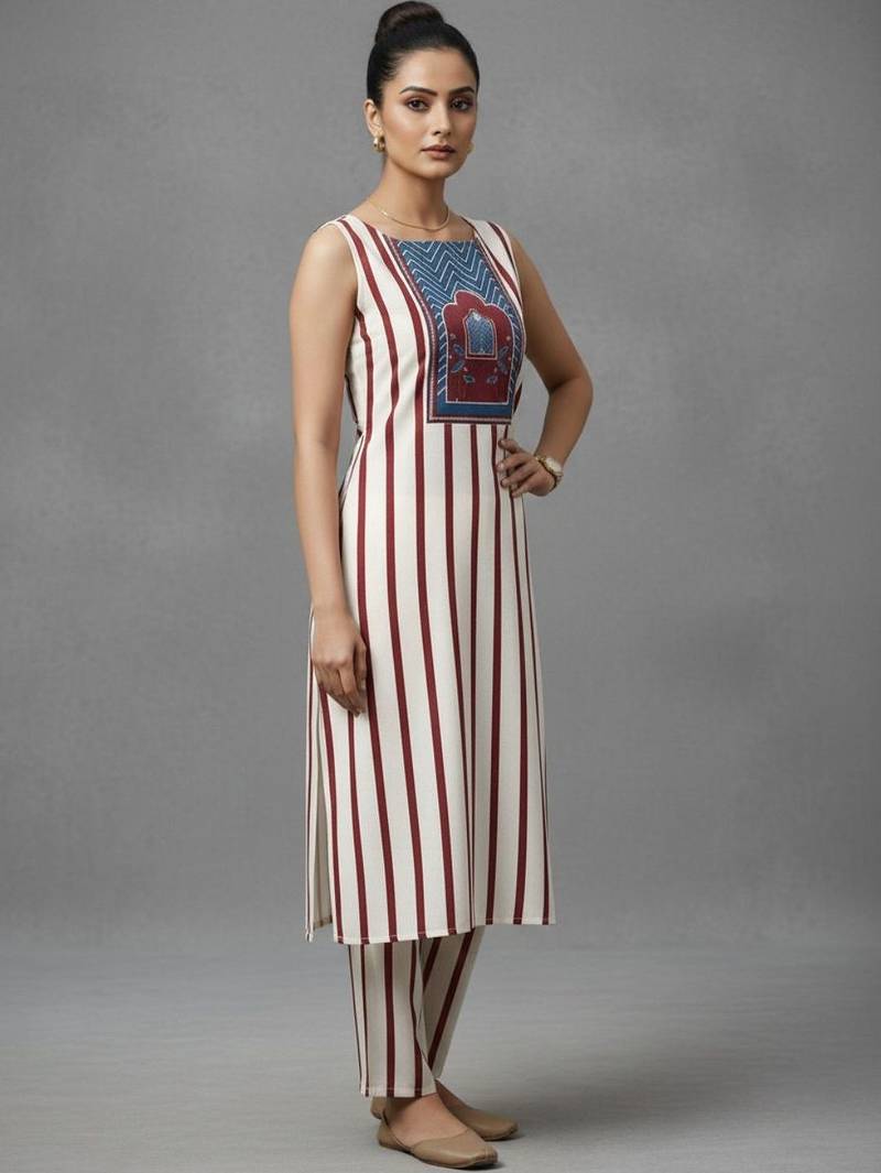 women striped regular sequinned workwear kurta with trousers