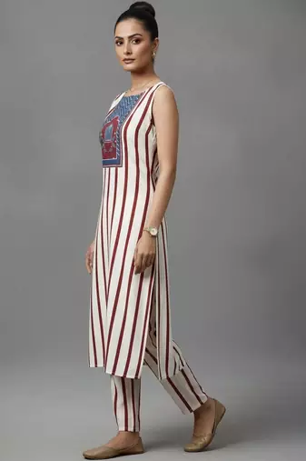 women striped regular sequinned workwear kurta with trousers