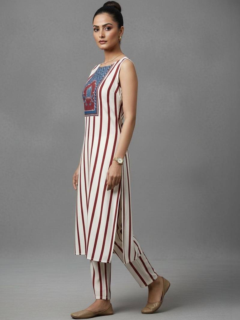 women striped regular sequinned workwear kurta with trousers