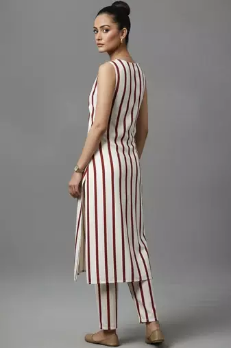 women striped regular sequinned workwear kurta with trousers