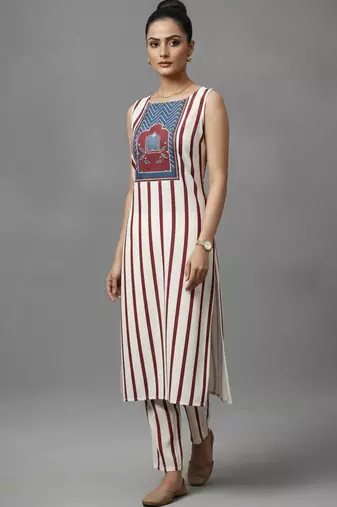 women striped regular sequinned workwear kurta with trousers